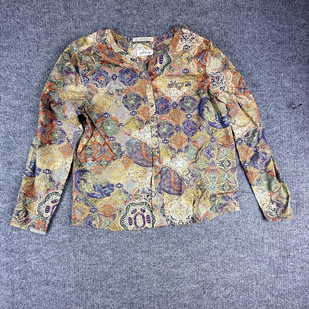 Orvis Shirt Womens 14 Multicolor Paisley Button Front Wrinkle Resistant Cotton